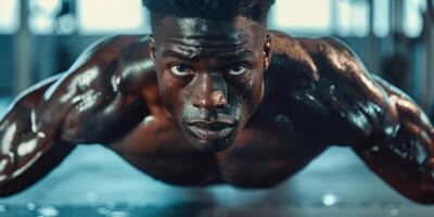 AI generated man doing push-ups in the gym Generative AI photo