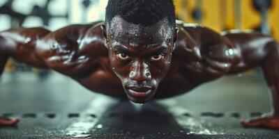 ai generado hombre haciendo Lagartijas en el gimnasio generativo ai foto