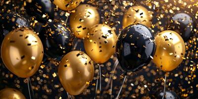 AI generated gold and black balloons with holiday confetti Generative AI photo