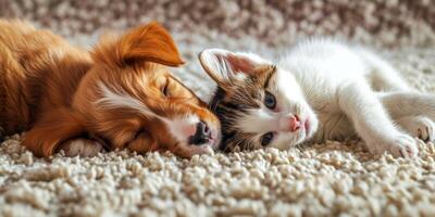 ai generado perro y gato mentira en el alfombra generativo ai foto