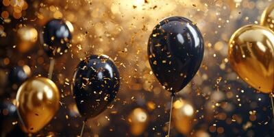 AI generated gold and black balloons with holiday confetti Generative AI photo