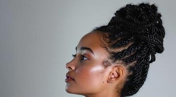 African American woman close-up portrait on a light background photo