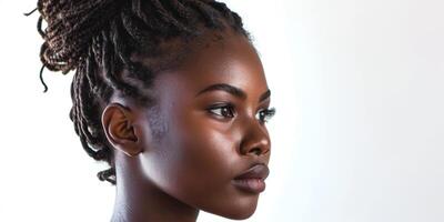 African American woman close-up portrait on a light background photo