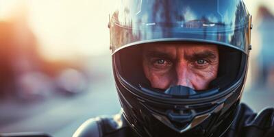 ai generado masculino motorista en un casco de cerca en un motocicleta generativo ai foto