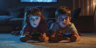 AI generated Children playing a game console lying on the floor close-up Generative AI photo