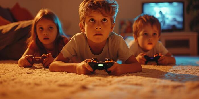 AI generated Children playing a game console lying on the floor close-up Generative AI photo