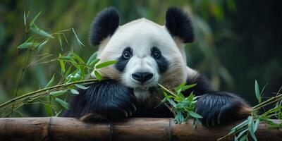 ai generado panda mastica bambú en el salvaje de cerca generativo ai foto