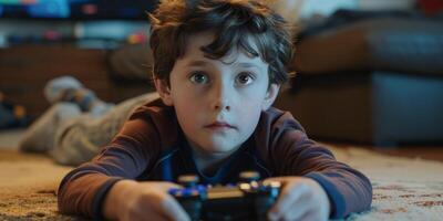 AI generated Children playing a game console lying on the floor close-up Generative AI photo