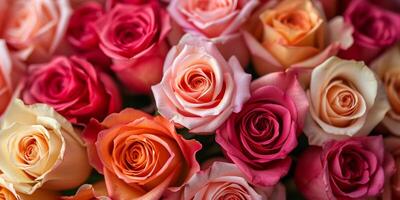 AI generated multi-colored rose buds top view texture Generative AI photo