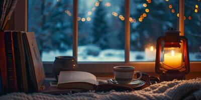 AI generated Hot drink book on the background of a winter window Cozy interior Generative AI photo