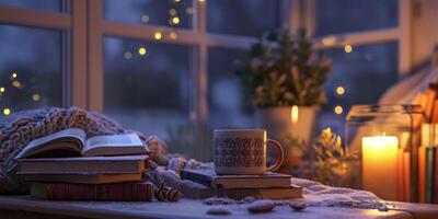 AI generated Hot drink book on the background of a winter window Cozy interior Generative AI photo