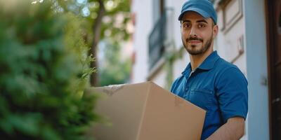 AI generated courier delivers parcel to door Generative AI photo