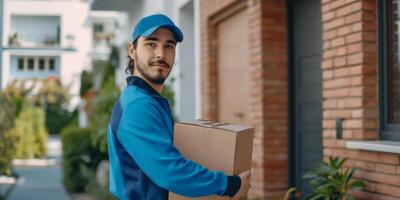 AI generated courier delivers parcel to door Generative AI photo