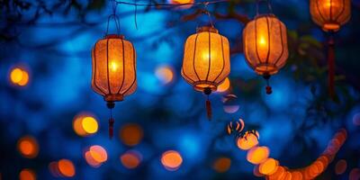 AI generated burning lanterns flying into the sky Generative AI photo