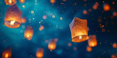 AI generated burning lanterns flying into the sky Generative AI photo