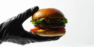 AI generated appetizing burger in hand with black glove on white background Generative AI photo