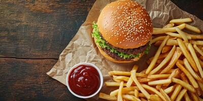 AI generated burger with fried potatoes and sauce on a wooden table top view Generative AI photo