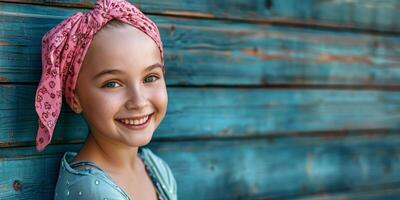ai generado sonriente niño, niña en Pañuelo, cáncer paciente generativo ai foto