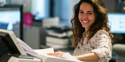 woman office worker making a copy on a copy machine photo