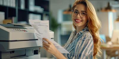 woman office worker making a copy on a copy machine photo