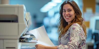 ai generado mujer oficina trabajador haciendo un Copiar en un Copiar máquina generativo ai foto