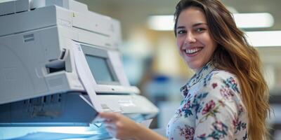 woman office worker making a copy on a copy machine photo