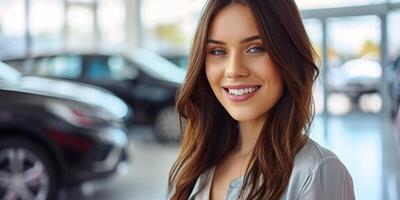 AI generated woman manager in luxury car sales showroom Generative AI photo