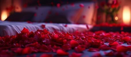 AI generated rose petals in the bedroom on Valentine's Day Generative AI photo