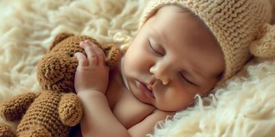 ai generado bebé duerme con un juguete generativo ai foto