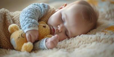 ai generado bebé duerme con un juguete generativo ai foto
