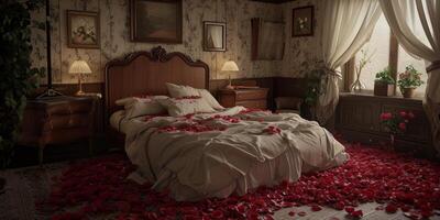 AI generated bedroom in Rose Petals Valentine's Day Generative AI photo