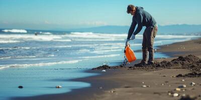 AI generated people cleaning up trash from the beach, environmental activists Generative AI photo