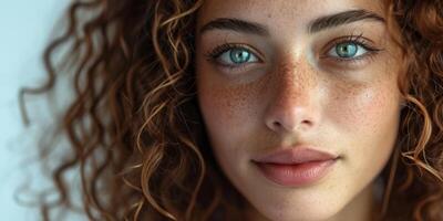 woman with curls and blue eyes close-up portrait photo