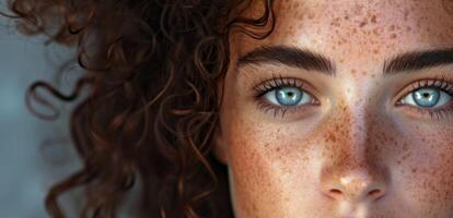 mujer con chinos y azul ojos de cerca retrato foto