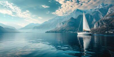 AI generated Sailing yacht on a lake among the mountains Generative AI photo