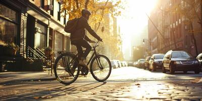 man on a bicycle rides through the city in the morning photo