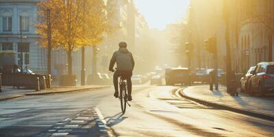 man on a bicycle rides through the city in the morning photo