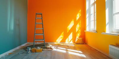 painting the walls in the apartment staircase paint bucket photo