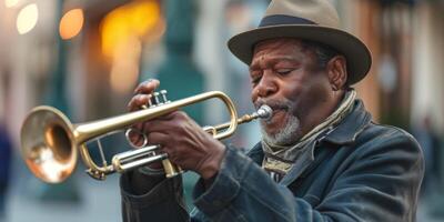 trumpeter plays the trumpet on the street photo