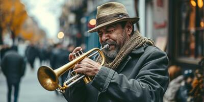 trumpeter plays the trumpet on the street photo