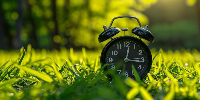 alarma reloj en verde césped de cerca foto