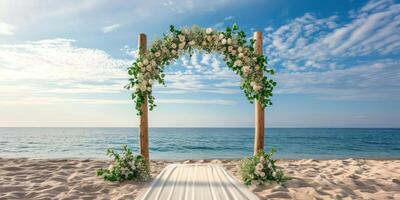 festive wedding arch on the seashore beach photo