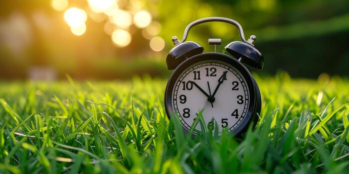 alarma reloj en verde césped de cerca foto