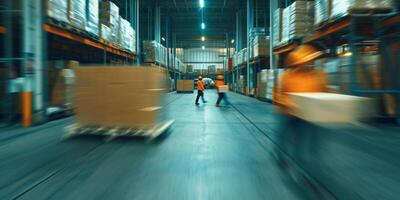 Blurred image of warehouse employees in motion photo