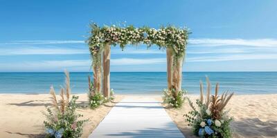 festive wedding arch on the seashore beach photo