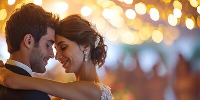 newlyweds dance close-up on a blurred background photo