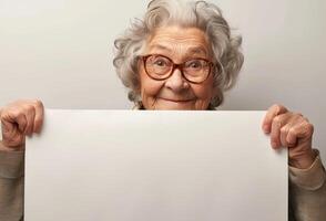 elderly woman holding a white banner in her hands photo