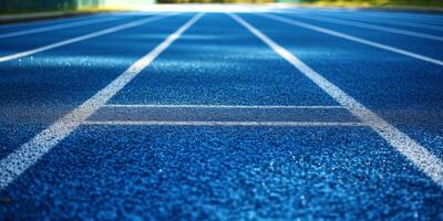 blue running track at the stadium photo