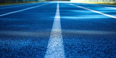 blue running track at the stadium photo