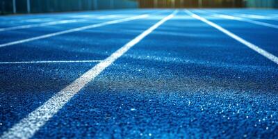 blue running track at the stadium photo